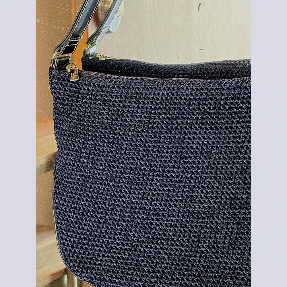 The‎ Sak Elliott Lucca Navy Blue Crochet Knit Leather Trim Hobo Shoulder Bag